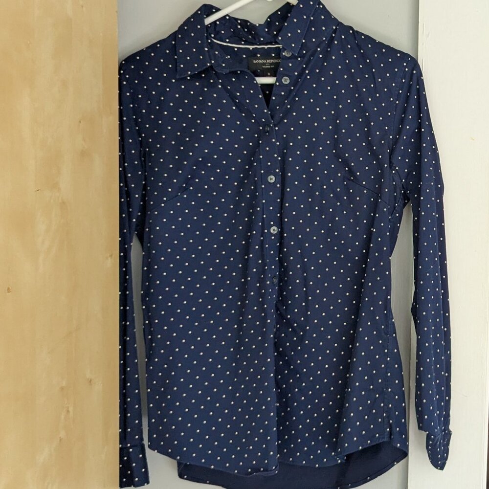 Banana Republic Navy Blue Polka Dot Button Up Top
